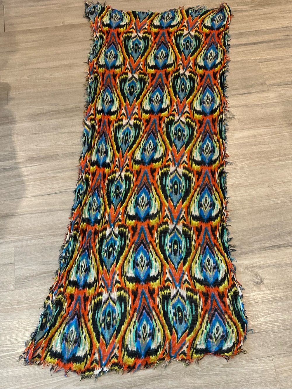 Vibrant Multicolor Ikat Fringe Scarf - Orange & Blue